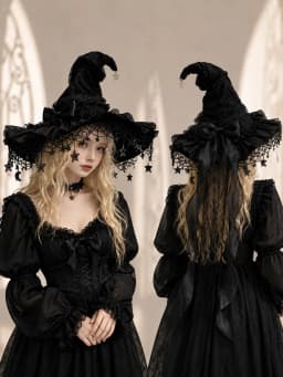 Gothic Lolita Witch Hat for Women, Wide Brim Black Lace Wizard Hat with Star‑Moon Tassel Bow Long Ribbon Halloween Cosplay Costume Accessory for Dress‑up Party