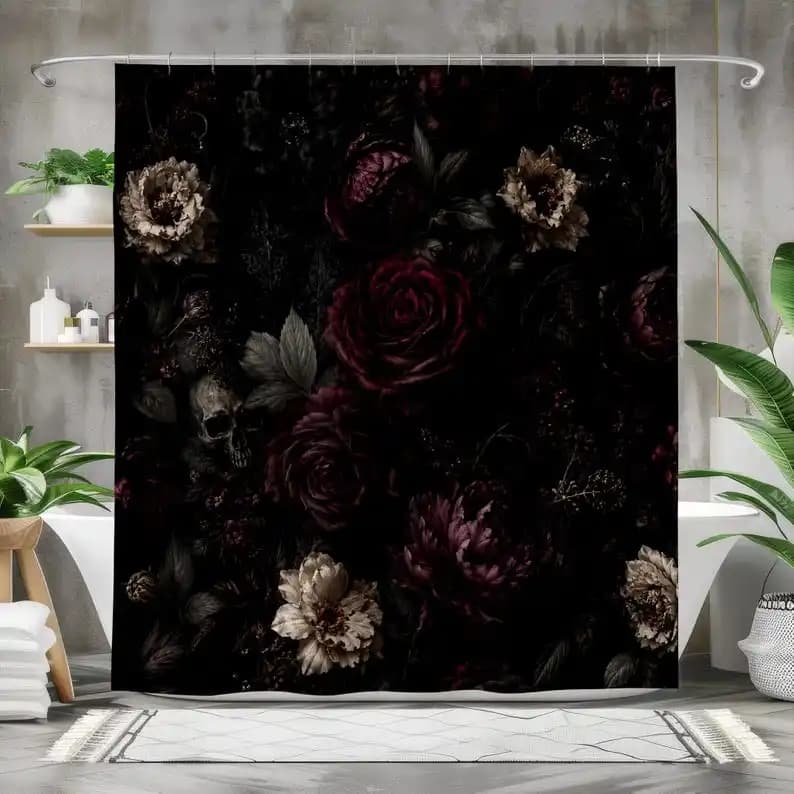 Gothic Floral Shower Curtain, Dark Academia Bathroom Decor, Moody Rose, Gothic Bath Curtain, Black Floral Decor
