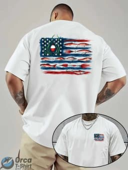 American Flag and Fish Print Short-Sleeve T-Shirt. The Design Combines The American Flag with Fishing Elements, Making It Suitable for Outdoor Fishing Enthusiasts in Summer. It'S A Great Father'S Day Gift or A Special Present for Fishing Lovers. Plu