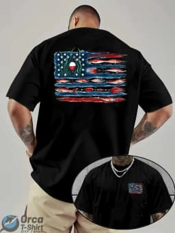 American Flag and Fish Print Short-Sleeve T-Shirt. The Design Combines The American Flag with Fishing Elements, Making It Suitable for Outdoor Fishing Enthusiasts in Summer. It'S A Great Father'S Day Gift or A Special Present for Fishing Lovers. Plu