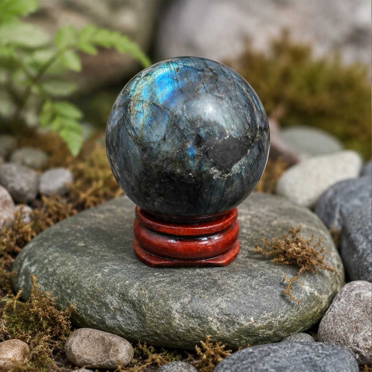 1.6-2inch Natural Labradorite Crystal Ball with Wooden Stand Polished Reiki Healing Chakra Stone for Intuition Protection Transformation Meditation Yoga Feng Shui Home Office Desk Decor Living Room Bookshelf Display Blue Green Flash Iridescent Gift