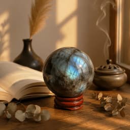 1.6-2inch Natural Labradorite Crystal Ball with Wooden Stand Polished Reiki Healing Chakra Stone for Intuition Protection Transformation Meditation Yoga Feng Shui Home Office Desk Decor Living Room Bookshelf Display Blue Green Flash Iridescent Gift