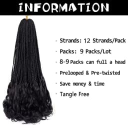 French Curl Crochet Braids 14 Inch 22 Inch Goddess Box Braids Crochet Hair For Women 9 Packs Pre Looped Crochet Box Braid with Curly Ends Black Synthetic French Curly Braiding Hair Extensions 12 Strands/Pack