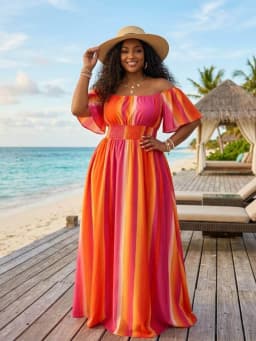 Plus Size Off Shoulder Short Flutter Sleeve Smocked Waist Floor Length Dress For Women Beach Resort Holiday Loose Long Dress