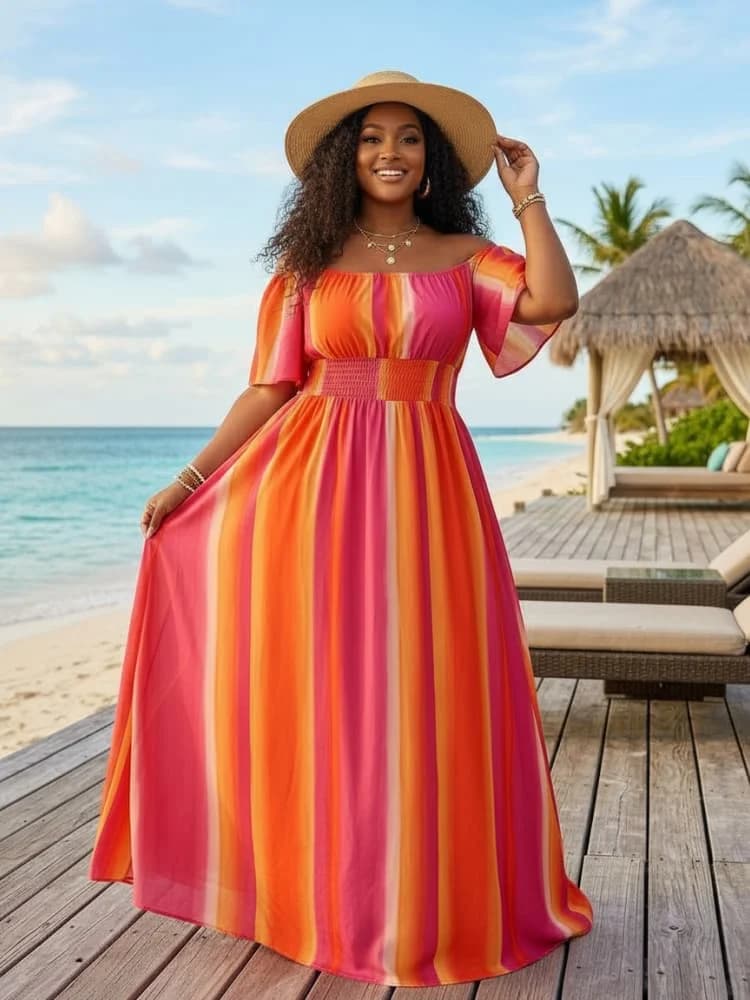 Plus Size Off Shoulder Short Flutter Sleeve Smocked Waist Floor Length Dress For Women Beach Resort Holiday Loose Long Dress