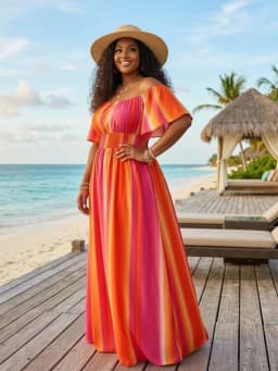 Plus Size Off Shoulder Short Flutter Sleeve Smocked Waist Floor Length Dress For Women Beach Resort Holiday Loose Long Dress