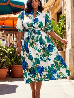 Plus Size Shirt Collar Puff Short Sleeve Waist Tie Midi Dress For Women Daily Resort Vacation A Line Flowy Long Dress