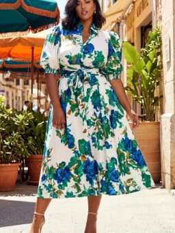 Plus Size Shirt Collar Puff Short Sleeve Waist Tie Midi Dress For Women Daily Resort Vacation A Line Flowy Long Dress