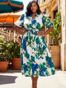 Plus Size Shirt Collar Puff Short Sleeve Waist Tie Midi Dress For Women Daily Resort Vacation A Line Flowy Long Dress