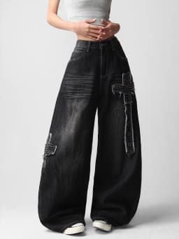 American-Style High Street Patchwork Studded Design Black Loose Jeans Women Y2K Trendy Streetwear Fashionable Casual Versatile Wide-Leg Pants