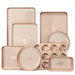 9-Piece Baking Pans Set for Home Kitchen Use, Nonstick Diamond Texture Aluminum with Gold Finish, Oven-Safe Stackable Non Toxic
