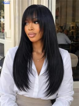 Nadula Layered Cut Yaki Straight Virgin Human Hair Wig with Wispy Bangs Hand-Tied Crown Area Machine Made Human Hair Wig with Drawstring No Tangle No Shedding Last More than 12 Months Suitable for All Heads Size 30 Days No Reason Local Free Return