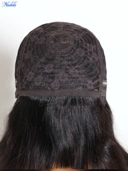 Nadula Layered Cut Yaki Straight Virgin Human Hair Wig with Wispy Bangs Hand-Tied Crown Area Machine Made Human Hair Wig with Drawstring No Tangle No Shedding Last More than 12 Months Suitable for All Heads Size 30 Days No Reason Local Free Return