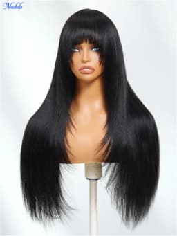 Nadula Layered Cut Yaki Straight Virgin Human Hair Wig with Wispy Bangs Hand-Tied Crown Area Machine Made Human Hair Wig with Drawstring No Tangle No Shedding Last More than 12 Months Suitable for All Heads Size 30 Days No Reason Local Free Return
