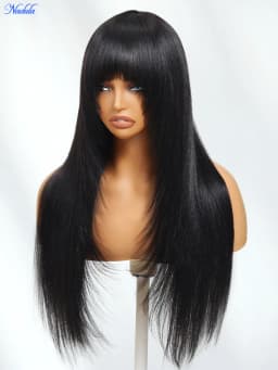 Nadula Layered Cut Yaki Straight Virgin Human Hair Wig with Wispy Bangs Hand-Tied Crown Area Machine Made Human Hair Wig with Drawstring No Tangle No Shedding Last More than 12 Months Suitable for All Heads Size 30 Days No Reason Local Free Return