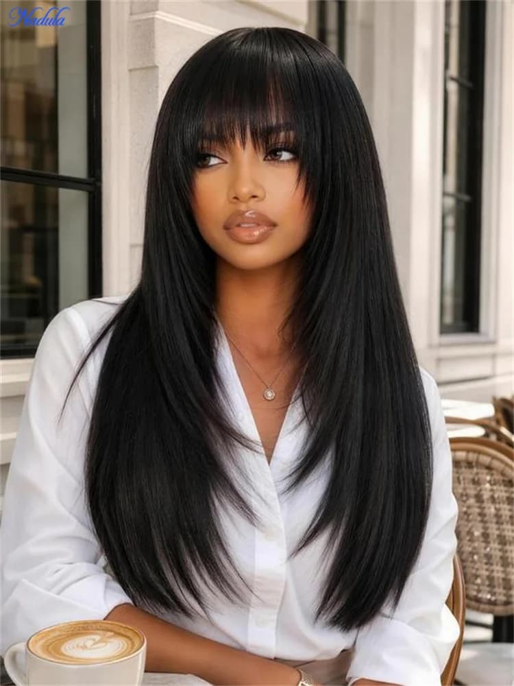 Nadula Layered Cut Yaki Straight Virgin Human Hair Wig with Wispy Bangs Hand-Tied Crown Area Machine Made Human Hair Wig with Drawstring No Tangle No Shedding Last More than 12 Months Suitable for All Heads Size 30 Days No Reason Local Free Return