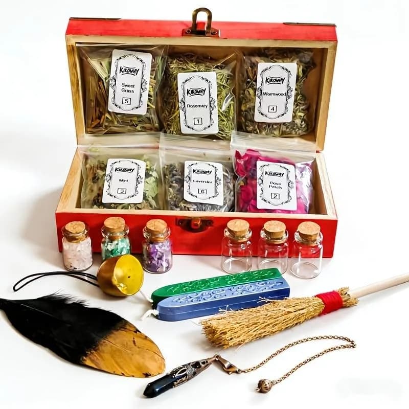 Beginner Wiccan Altar Kit in Vintage Mahogany Box, Complete Witchcraft Ritual Set with Herbs, Crystals, Tools & Guide, Teacher Appreciation Giftable Witch Box for Family & Friends, 7.87x3.94 Inches