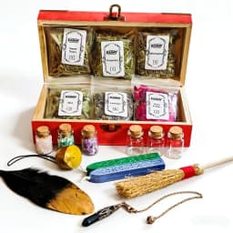 Beginner Wiccan Altar Kit in Vintage Mahogany Box, Complete Witchcraft Ritual Set with Herbs, Crystals, Tools & Guide, Teacher Appreciation Giftable Witch Box for Family & Friends, 7.87x3.94 Inches