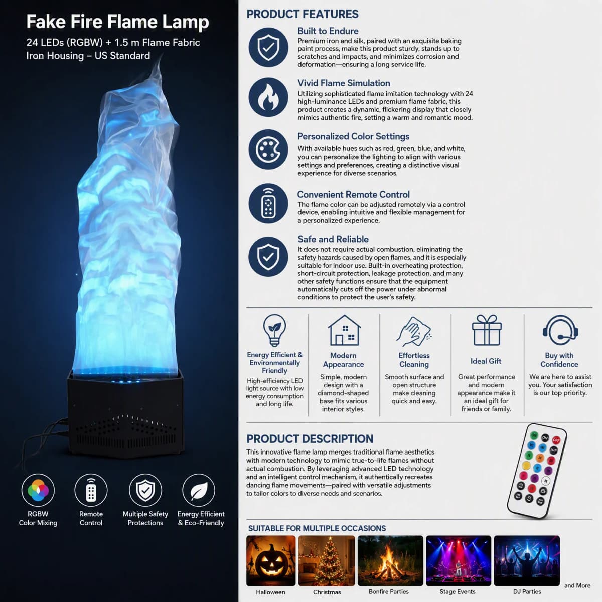 Fake Fire Flame Light with Remote Control, Simulated Flame Atmosphere LED Lamp with 24 RGBW Beads & 1.5m Flame Cloth, Stage Party DJ Decorative Lighting Effect, Black