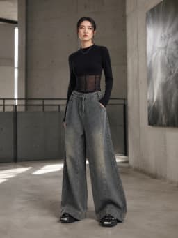 Women Vintage Washed Wide Leg Jeans High Rise Seam Detail Baggy Flare Denim Pants Y2K Retro Distressed Loose Trousers Streetwear Daily Going‑out Outfits
