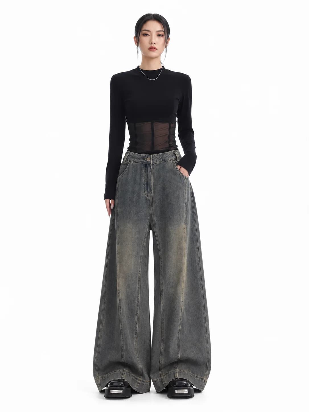 Women Vintage Washed Wide Leg Jeans High Rise Seam Detail Baggy Flare Denim Pants Y2K Retro Distressed Loose Trousers Streetwear Daily Going‑out Outfits