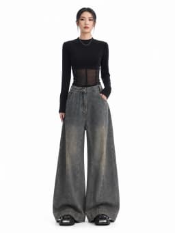 Women Vintage Washed Wide Leg Jeans High Rise Seam Detail Baggy Flare Denim Pants Y2K Retro Distressed Loose Trousers Streetwear Daily Going‑out Outfits