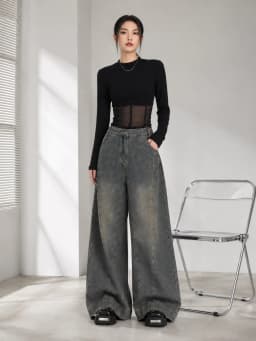 Women Vintage Washed Wide Leg Jeans High Rise Seam Detail Baggy Flare Denim Pants Y2K Retro Distressed Loose Trousers Streetwear Daily Going‑out Outfits