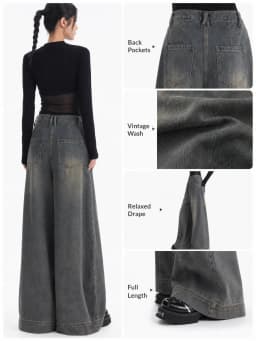 Women Vintage Washed Wide Leg Jeans High Rise Seam Detail Baggy Flare Denim Pants Y2K Retro Distressed Loose Trousers Streetwear Daily Going‑out Outfits