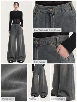 Women Vintage Washed Wide Leg Jeans High Rise Seam Detail Baggy Flare Denim Pants Y2K Retro Distressed Loose Trousers Streetwear Daily Going‑out Outfits