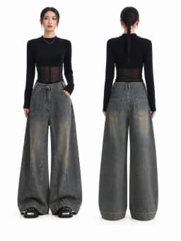 Women Vintage Washed Wide Leg Jeans High Rise Seam Detail Baggy Flare Denim Pants Y2K Retro Distressed Loose Trousers Streetwear Daily Going‑out Outfits