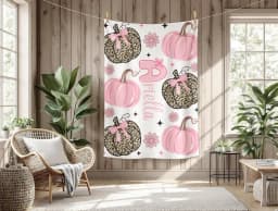 Personalized Halloween Blanket: Pink Leopard Pumpkins Velveteen Plush