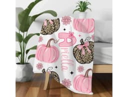 Personalized Halloween Blanket: Pink Leopard Pumpkins Velveteen Plush