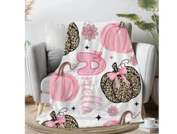 Personalized Halloween Blanket: Pink Leopard Pumpkins Velveteen Plush