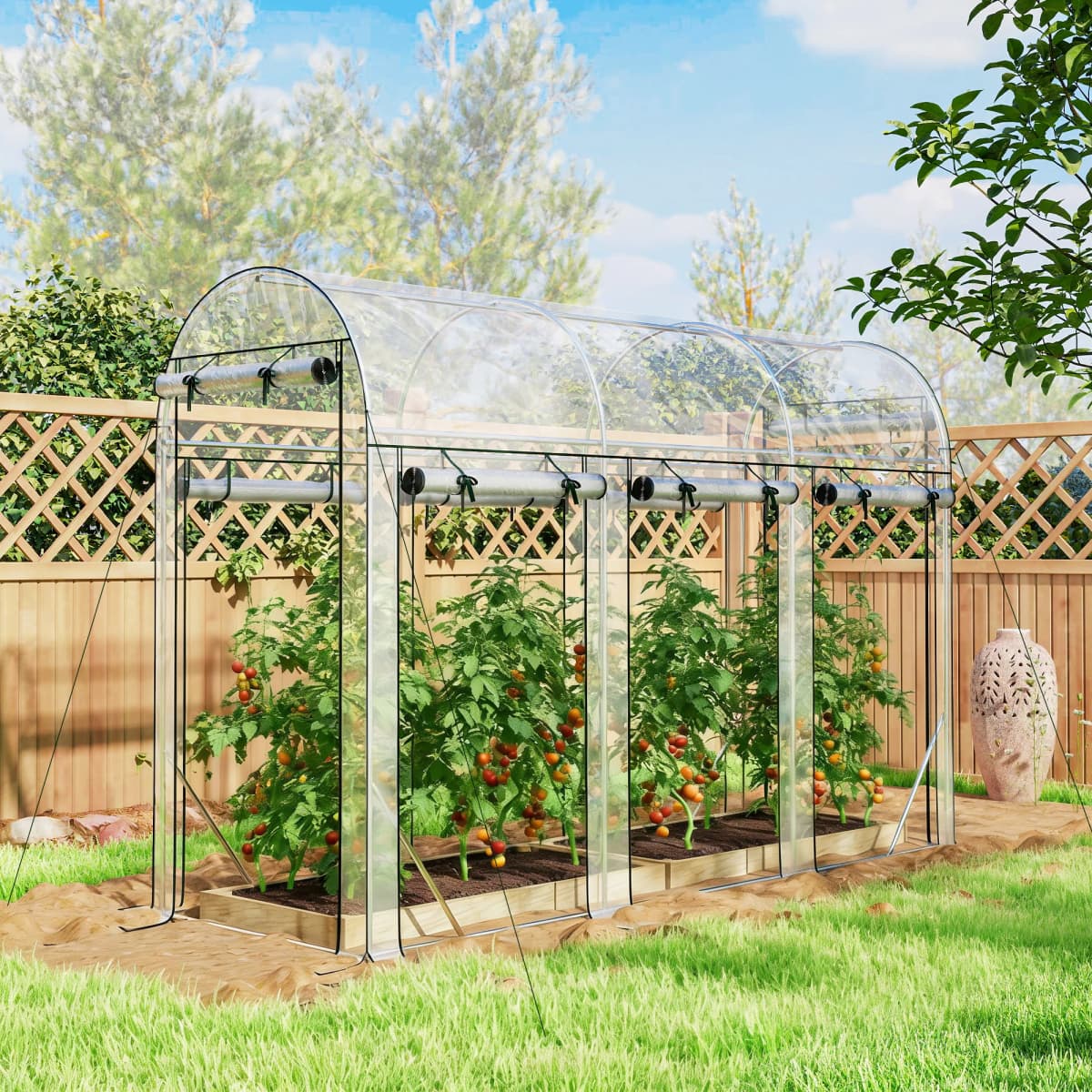 Walk-In Tunnel Greenhouse, Arch-Shaped Greenhouse with 8 Rolling Shutter Doors, Transparent