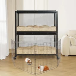Large Hamster Cage, 3-Tier Gerbil Cages with Running Wheel, Water Bottle, Food Bowl, Ramps, Portable Hamster House with 7" Deep Glass Bottom for Syrian, Hamster, Gerbils (Metal Black)