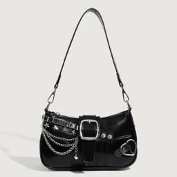 Y2K Punk Shoulder Bag For Women Retro Chain Rivet Underarm Handbag PU Leather Color‑block Sling Crossbody Bag Fashion Party Purse