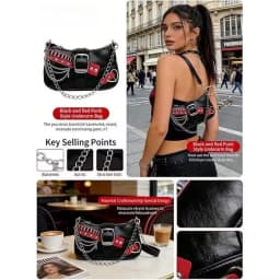 Y2K Punk Shoulder Bag For Women Retro Chain Rivet Underarm Handbag PU Leather Color‑block Sling Crossbody Bag Fashion Party Purse