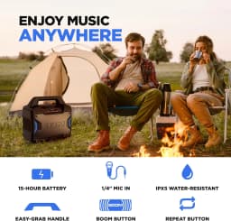 Portable Outdoor Bluetooth Speaker, 60W, Water-Resistant, with Radio, Mic Input, USB Charging, Stereo Pairing, Bass Boost & App Control - Ideal for Parties and Outdoor Events