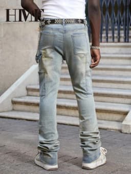 【HME】Men's Jeans | Rhinestone Embellished Stacked Flare Denim Pants for Men, Light vintage Washed Denim Trousers with Full-Body Hot-Fix Rhinestones, Contrast Stitching, Multi-Pocket Construction Fashion Streetwear Men Pants