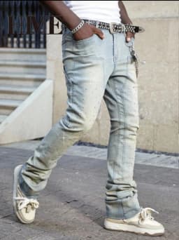 【HME】Men's Jeans | Rhinestone Embellished Stacked Flare Denim Pants for Men, Light vintage Washed Denim Trousers with Full-Body Hot-Fix Rhinestones, Contrast Stitching, Multi-Pocket Construction Fashion Streetwear Men Pants