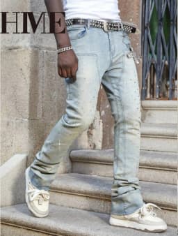 【HME】Men's Jeans | Rhinestone Embellished Stacked Flare Denim Pants for Men, Light vintage Washed Denim Trousers with Full-Body Hot-Fix Rhinestones, Contrast Stitching, Multi-Pocket Construction Fashion Streetwear Men Pants