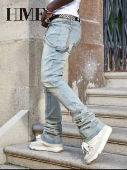 【HME】Men's Jeans | Rhinestone Embellished Stacked Flare Denim Pants for Men, Light vintage Washed Denim Trousers with Full-Body Hot-Fix Rhinestones, Contrast Stitching, Multi-Pocket Construction Fashion Streetwear Men Pants