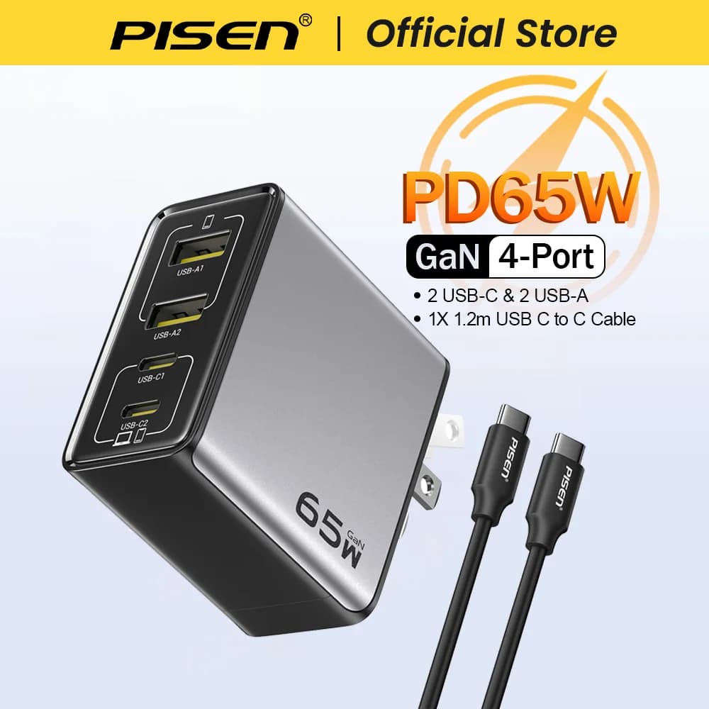 PISEN 65W GaN Charger Type C PD Charger 4-Port USB-A/C Charger PD3.0 QC4.0 PPS Portable Fast Charger For IPhone/ Laptop/ Samsung