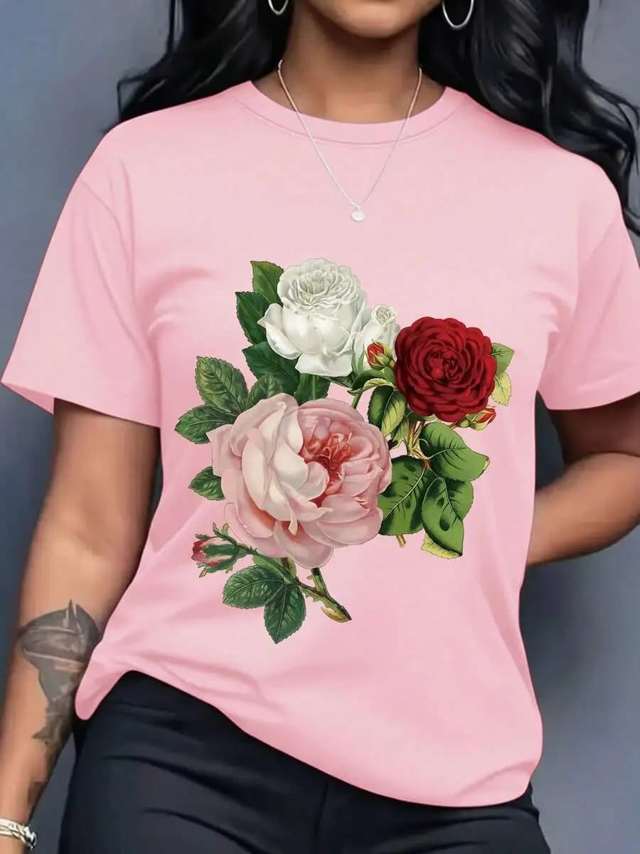 2026 Fashion New Arrival Women Graphic Tee Vintage Style Rose Leaf Print Round Neck Short Sleeve Casual Tops Ideal For Spring Summer Daily Wear And Going Out
