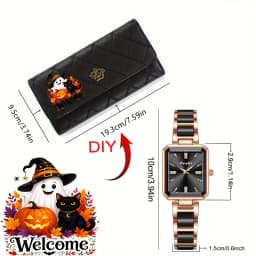 2PC(1 Quartz Watch+1 Long Wallet)Halloween Stylish Luxurious Business Casual Party Travel Boutique Elegant Women's Rectangular Tri-fold Wallet Perfect Gift