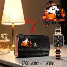 2PC(1 Quartz Watch+1 Long Wallet)Halloween Stylish Luxurious Business Casual Party Travel Boutique Elegant Women's Rectangular Tri-fold Wallet Perfect Gift