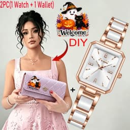 2PC(1 Quartz Watch+1 Long Wallet)Halloween Stylish Luxurious Business Casual Party Travel Boutique Elegant Women's Rectangular Tri-fold Wallet Perfect Gift