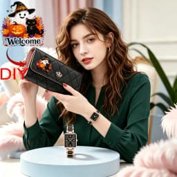2PC(1 Quartz Watch+1 Long Wallet)Halloween Stylish Luxurious Business Casual Party Travel Boutique Elegant Women's Rectangular Tri-fold Wallet Perfect Gift