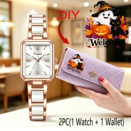 2PC(1 Quartz Watch+1 Long Wallet)Halloween Stylish Luxurious Business Casual Party Travel Boutique Elegant Women's Rectangular Tri-fold Wallet Perfect Gift