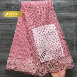 SJD LACE French Beaded Sequined Lace Fabric 5 Yards Nigerian Tulle Mesh Cloth For African Women Sewing Wedding Prom Party Evening Gown DIY Dress Material 3736